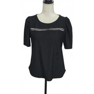 Chic Black Textured Short Sleeve Top with Decorative Trim